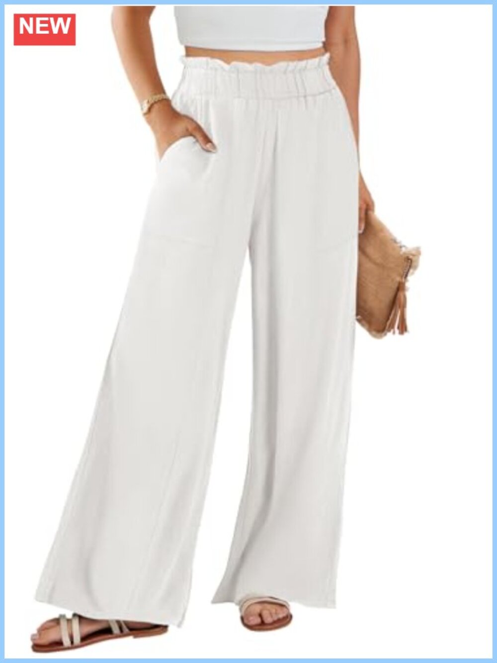 Womens Linen Wide Leg Palazzo Pants High Waist Flowy Casual Summer Trousers